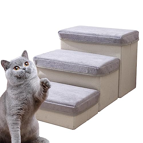 Hundetreppe für Bett, Sofa, 2- und 3-stufige Hunderampe aus hochdichtem Schaumstoff, rutschfeste Haustiertreppe für kleine Katzen und Hunde, 50 x 35 x 30 cm/60 x 35 x 30 cm, Grau von Raxove