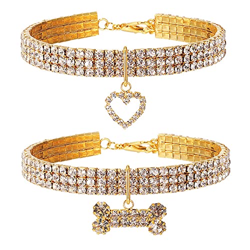 Halsband für Katzen, Hundehalsband, Herz- und Knochen-Anhänger, dreireihig, Diamant-Halskette, verstellbar, 2 Stück von RayMinsino