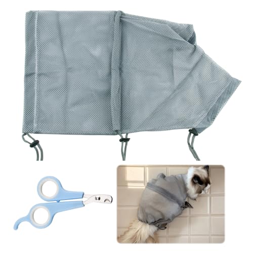 Katzenbadetasche, Katzenbadetasche und Haustier-Nagelscheren-Set, Anti-Biss Anti-Kratz-Kratz-Katzenpflege, Netztasche, multifunktionale Fessel für kleine, mittelgroße Katzen, Hunde, Duschen, von Raykce