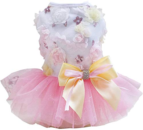 Hundekleid Welpenrock Hundeprinzessin Kleider Ballett Tutu Blume Hochzeit Spitze Kleid Luxus Bogen Kleid für kleine Hundemädchen (S, Pink) von Izefia