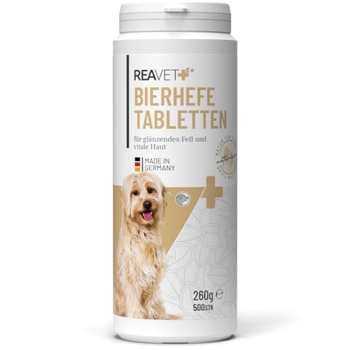 ReaVET Bierhefe-Tabletten für Hunde 500 Stück – Naturrein in Premium Qualität, für glänzendes kräftiges Fell + Vitale Haut, mit Biotin & Vitamin B I Bierhefe Pulver Tabs für Hunde Ohne Zusätze von ReaVET