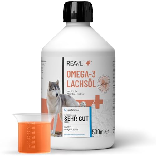 TESTURTEIL SEHR GUT 02/24 ReaVET Lachsöl Hunde, Katze 500ml - Reich an Omega 3 & 6, Fischöl Hund hochdosiert I Echte Lebensmittelqualität ohne Zusätze I Frisch abgefüllt in Deutschland von ReaVET