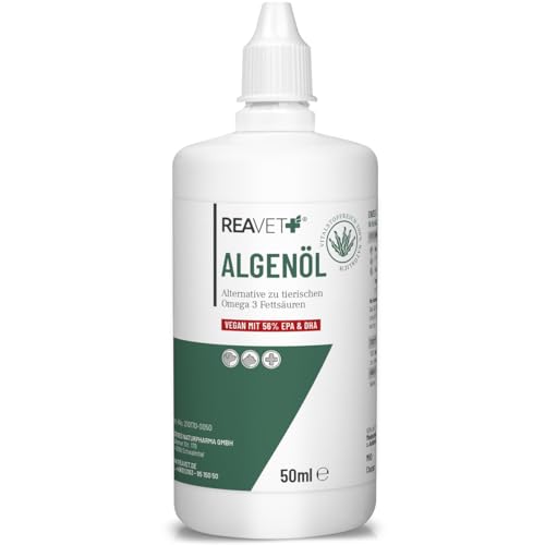 ReaVET Algenöl für Hunde, Katzen, Pferde 50 ml I Hochdosiert & Vegan Omega-3 Öl I Futteröl aus Algen unterstützt Gelenke, Stoffwechsel, Fell & Haut von ReaVET