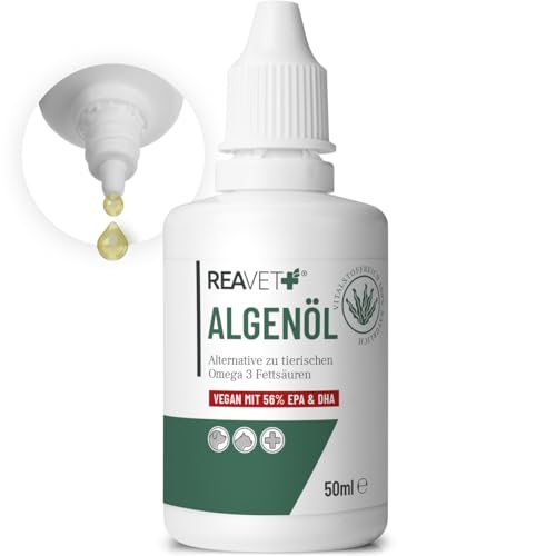 ReaVET Algenöl für Hunde, Katzen, Pferde 50 ml I Hochdosiert & Vegan Omega-3 Öl I Futteröl aus Algen unterstützt Gelenke, Stoffwechsel, Fell & Haut von ReaVET