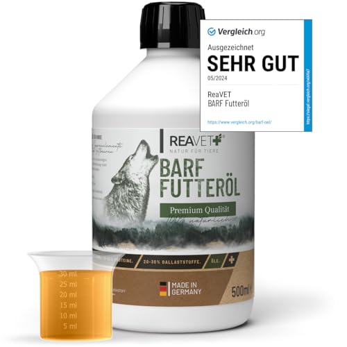 TESTURTEIL SEHR GUT 05/24 ReaVET Profi Futteröl 500ml Hunde, 1.Kaltpressung - Barföl, Futteröl kaltgepresst Hund, hochwertige & perfekte Mischung, Barf Zusatz für Hunde I natürlich & artgerecht von ReaVET