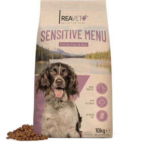 ReaVET Hundefutter Trocken - Sensitive Menü Ente & Reis 10kg, Hypoallergenes Trockenfutter, Hoher Fleischanteil, Getreidefrei, Hundetrockenfutter Sensitiv, Für Ernährungssensible Hunde Aller Rassen von ReaVET