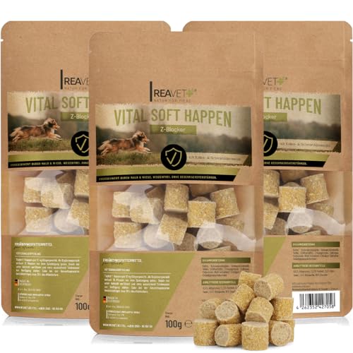 ReaVET Z-Blocker Hundeleckerli ohne Zucker I Funktionssnack mit Schwarzkümmelöl & Kokosöl I Set (3 x 100 g) Hundesnack für gesamte Saison, Leckerlis Hund, Belohnung für Hunde Weizenfrei von ReaVET