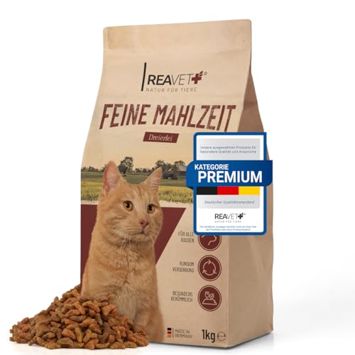 ReaVET Trockenfutter Katze - Feine Mahlzeit 1kg Geflügel, Rind & Lachsöl I Glutenfrei Katzentrockenfutter für Erwachsene Katzen Aller Rassen, Hoher Fleischanteil, Komplett Katzenfutter Trocken von ReaVET