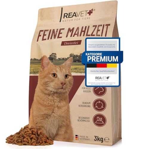 ReaVET Trockenfutter Katze - Feine Mahlzeit 3kg Geflügel, Rind & Lachsöl, Katzentrockenfutter für Erwachsene Katzen Aller Rassen, Hoher Fleischanteil, Komplett Katzenfutter Trocken von ReaVET