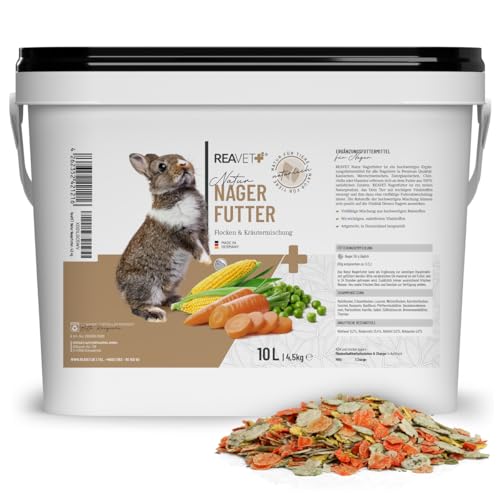 ReaVET Natur Nagerfutter 10 Liter - Kaninchenfutter, Meerschweinchen Futter, Hamster, Nager - Artgerecht mit Gemüseflocken, Kräutern, Getreide, und Luzerne, Ohne künstliche Zusätze von ReaVET