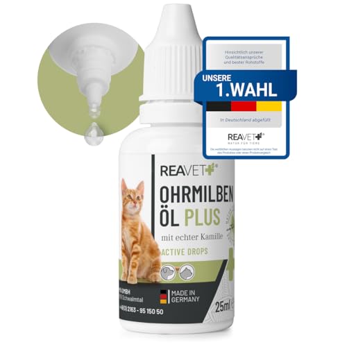 ReaVET Ohrmilbenöl Plus 25ml sofort wirksames Mittel für Katzen – gegen Ohrmilben mit Kamille für Katze, Sanfte Pflege bei Juckreiz im Ohr, Ohrentropfen Milben, Ohrenreiniger von ReaVET