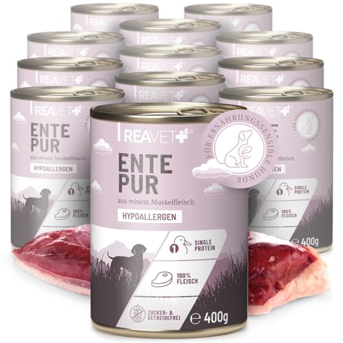 ReaVET Premium Hunde Nassfutter - Ente Pur 12 x 400g I Reines Muskelfleisch, Hypoallergen, ohne Getreide & Zusätze, Hundenassfutter sensitiv für Allergiker von ReaVET