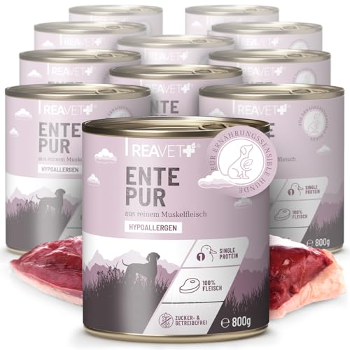 ReaVET Premium Hunde Nassfutter - Ente Pur 12 x 800g I Reines Muskelfleisch, Hypoallergen, ohne Getreide & Zusätze, Hundenassfutter sensitiv für Allergiker von ReaVET