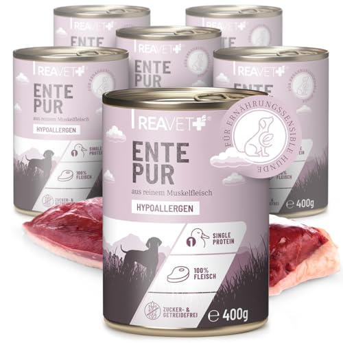 ReaVET Premium Hunde Nassfutter - Ente Pur 6 x 400g I Reines Muskelfleisch, Hypoallergen, ohne Getreide & Zusätze, Hundenassfutter sensitiv für Allergiker von ReaVET