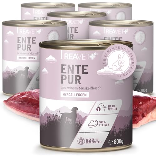 ReaVET Premium Hunde Nassfutter - Ente Pur 6 x 800g I Reines Muskelfleisch, Hypoallergen, ohne Getreide & Zusätze, Hundenassfutter sensitiv für Allergiker von ReaVET