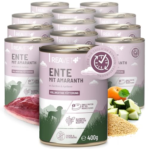 ReaVET Premium Hunde Nassfutter - Ente an Amaranth & Aprikose 12 x 400g I mit hohem Fleischanteil & viel Muskelfleisch, Getreidefrei, Hundefutter nass, ohne Zucker von ReaVET