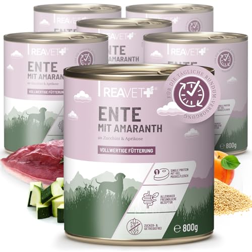 ReaVET Premium Hunde Nassfutter - Ente an Amaranth & Aprikose 12 x 800g I mit hohem Fleischanteil & viel Muskelfleisch, Getreidefrei, Hundefutter nass, ohne Zucker von ReaVET