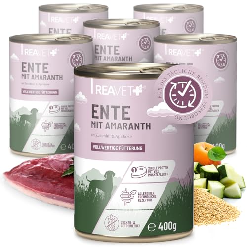 ReaVET Premium Hunde Nassfutter - Ente an Amaranth & Aprikose 6 x 400g I mit hohem Fleischanteil & viel Muskelfleisch, Getreidefrei, Hundefutter nass, ohne Zucker von ReaVET