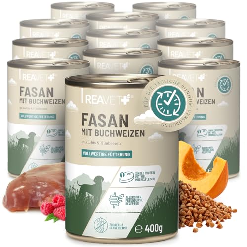 ReaVET Premium Hunde Nassfutter - Fasan an Buchweizen & Himbeeren 12 x 400g I mit hohem Fleischanteil & viel Muskelfleisch, Getreidefrei, Hundefutter nass, ohne Zucker von ReaVET