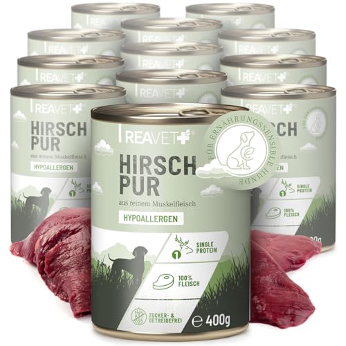 ReaVET Premium Hunde Nassfutter - Hirsch Pur 12 x 400g I Reines Muskelfleisch, Hypoallergen, ohne Getreide & Zusätze, Hundenassfutter sensitiv für Allergiker von ReaVET