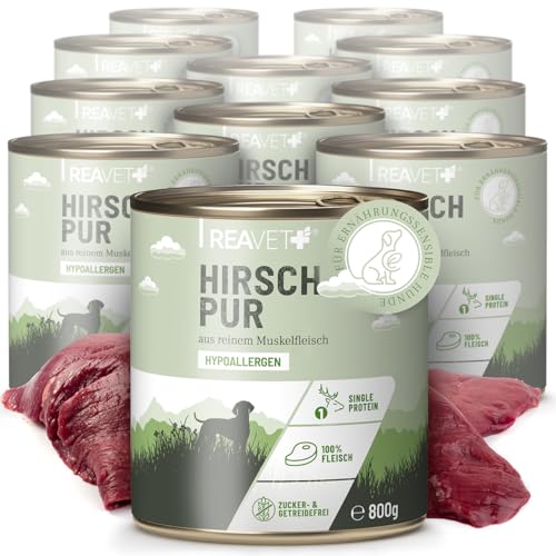 ReaVET Premium Hunde Nassfutter - Hirsch Pur 12 x 800g I Reines Muskelfleisch, Hypoallergen, ohne Getreide & Zusätze, Hundenassfutter sensitiv für Allergiker von ReaVET