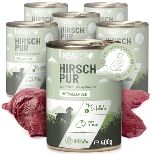 ReaVET Premium Hunde Nassfutter - Hirsch Pur 6 x 400g I Reines Muskelfleisch, Hypoallergen, ohne Getreide & Zusätze, Hundenassfutter sensitiv für Allergiker von ReaVET