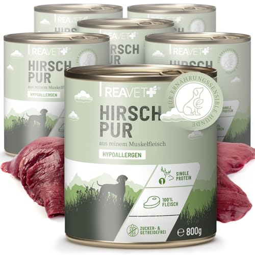 ReaVET Premium Hunde Nassfutter - Hirsch Pur 6 x 800g I Reines Muskelfleisch, Hypoallergen, ohne Getreide & Zusätze, Hundenassfutter sensitiv für Allergiker von ReaVET