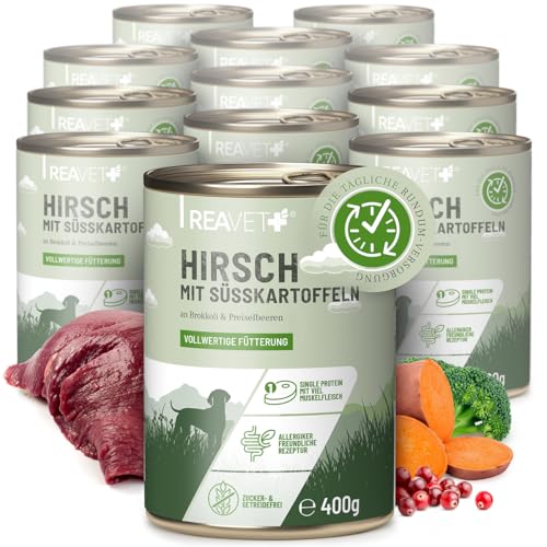 ReaVET Premium Hunde Nassfutter - Hirsch an Süßkartoffeln & Preiselbeeren 12 x 400g I mit hohem Fleischanteil & viel Muskelfleisch, Getreidefrei, Hundefutter nass, ohne Zucker von ReaVET