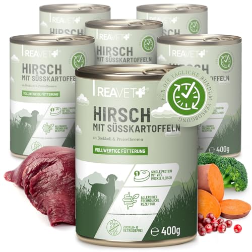 ReaVET Premium Hunde Nassfutter - Hirsch an Süßkartoffeln & Preiselbeeren 6 x 400g I mit hohem Fleischanteil & viel Muskelfleisch, Getreidefrei, Hundefutter nass, ohne Zucker von ReaVET