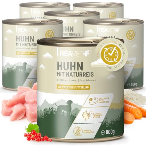 ReaVET Premium Hunde Nassfutter - Huhn an Naturreis & Johannisbeeren 12 x 800g I mit hohem Fleischanteil & viel Muskelfleisch, Getreidefrei, Hundefutter nass, ohne Zucker von ReaVET