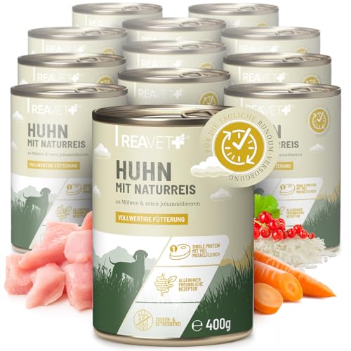 ReaVET Premium Hunde Nassfutter - Huhn an Naturreis & Möhren 12 x 400g I mit hohem Fleischanteil & viel Muskelfleisch, Getreidefrei, Hundefutter nass, ohne Zucker von ReaVET