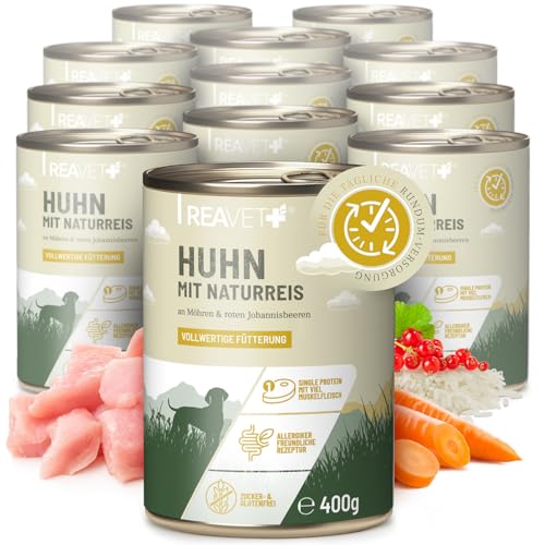 ReaVET Premium Hunde Nassfutter - Huhn an Naturreis & Möhren 12 x 400g I mit hohem Fleischanteil & viel Muskelfleisch, Glutenfrei, Hundefutter nass, ohne Zucker von ReaVET