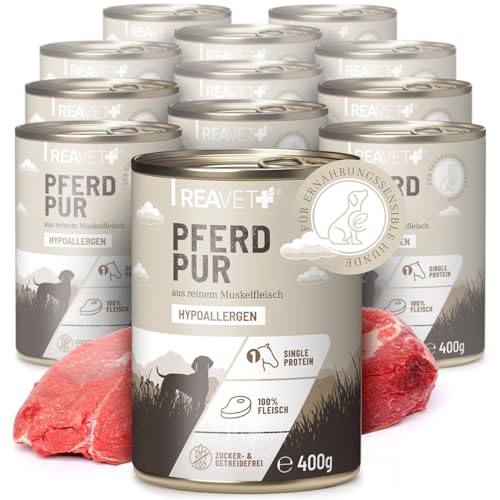 ReaVET Premium Hunde Nassfutter - Pferd Pur 12 x 400g I Reines Muskelfleisch, Hypoallergen, ohne Getreide & Zusätze, Hundenassfutter sensitiv für Allergiker von ReaVET