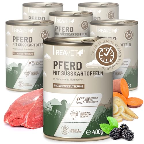 ReaVET Premium Hunde Nassfutter - Pferd an Süßkartoffeln & Brombeeren 12 x 400g I mit hohem Fleischanteil & viel Muskelfleisch, Getreidefrei, Hundefutter nass, ohne Zucker von ReaVET