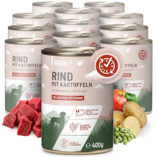 ReaVET Premium Hunde Nassfutter - Rind an Kartoffeln & Apfel 12 x 400g I mit hohem Fleischanteil & viel Muskelfleisch, Getreidefrei, Hundefutter nass, ohne Zucker von ReaVET