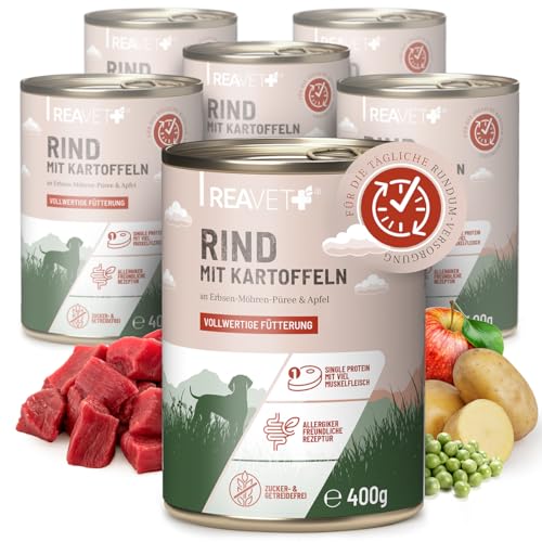 ReaVET Premium Hunde Nassfutter - Rind an Kartoffeln & Apfel 6 x 400g I mit hohem Fleischanteil & viel Muskelfleisch, Getreidefrei, Hundefutter nass, ohne Zucker von ReaVET