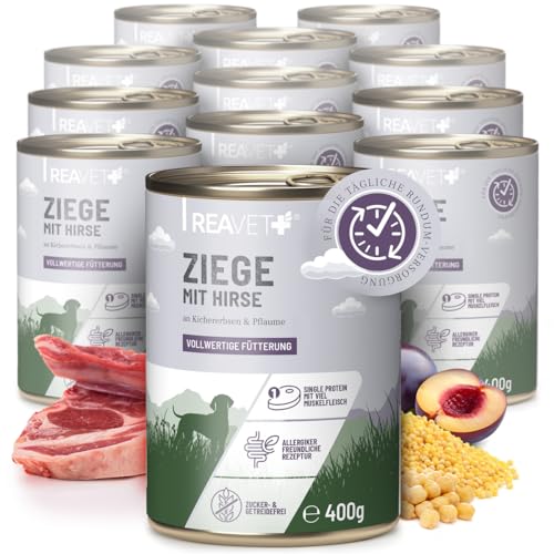 ReaVET Premium Hunde Nassfutter - Ziege an Hirse & Kichererbsen 12 x 400g I mit hohem Fleischanteil & viel Muskelfleisch, Glutenfrei Hundefutter nass, ohne Zucker von ReaVET