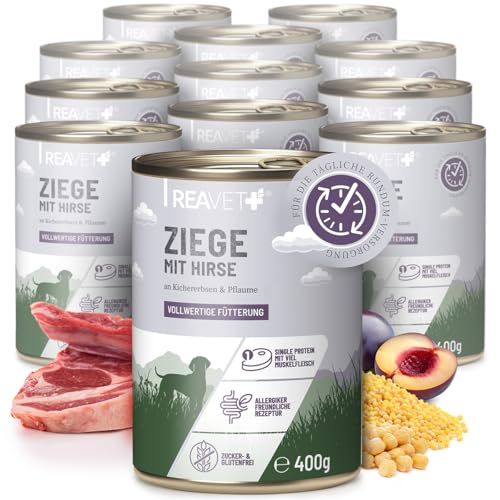 ReaVET Premium Hunde Nassfutter - Ziege an Hirse & Kichererbsen 12 x 400g I mit hohem Fleischanteil & viel Muskelfleisch, Glutenfrei Hundefutter nass, ohne Zucker von ReaVET