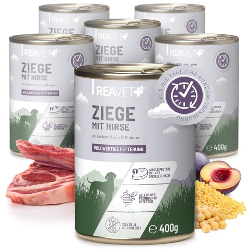 ReaVET Premium Hunde Nassfutter - Ziege an Hirse & Kichererbsen 6 x 400g I mit hohem Fleischanteil & viel Muskelfleisch, Glutenfrei Hundefutter nass, ohne Zucker von ReaVET