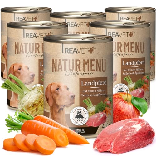 ReaVET Natur Menu Hundefutter 6 x 400g, Nassfutter für Hunde – Landpferd mit feinen Möhren, Sellerie & Äpfelchen I Glutenfrei, Adult Hundenassfutter naturbelassen in Lebensmittelqualität von ReaVET