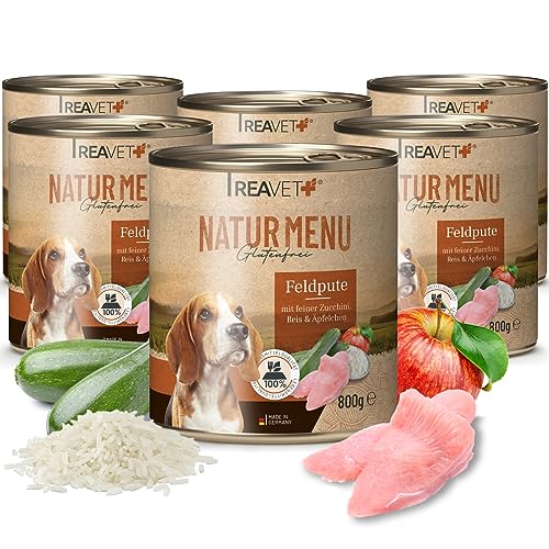 ReaVET Natur Menu Hundefutter 6 x 800g, Nassfutter für Hunde – Feldpute mit feiner Zucchini, Reis & Äpfelchen I Glutenfrei, Adult Hundenassfutter naturbelassen in Lebensmittelqualität von ReaVET