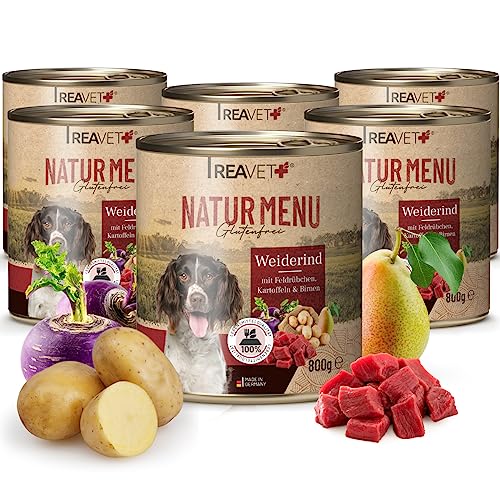 ReaVET Natur Menu Hundefutter 6 x 800g, Nassfutter für Hunde – Weiderind mit Feldrübchen, Kartoffeln & Birnen I Glutenfrei, Adult Hundenassfutter naturbelassen in Lebensmittelqualität von ReaVET