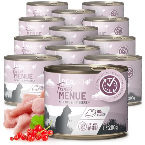 ReaVET Premium Katzenfutter nass mit Ente & Himbeeren 12 x 200g I Getreidefrei aus hochwertigem Fleisch I Katzennassfutter ohne Zucker, Nassfutter für ausgewachsene Katzen von ReaVET