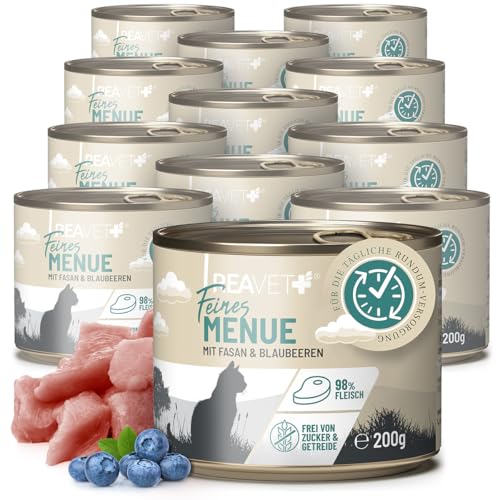 ReaVET Premium Katzenfutter nass mit Fasan & Blaubeeren 12 x 200g I Getreidefrei aus hochwertigem Fleisch I Katzennassfutter ohne Zucker, Nassfutter für ausgewachsene Katzen von ReaVET