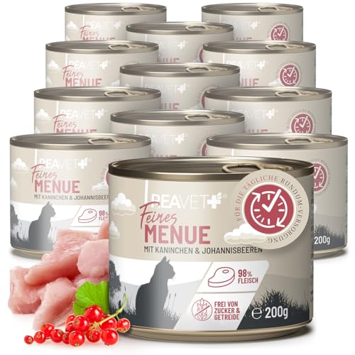 ReaVET Premium Katzenfutter nass mit Kaninchen & Johannisbeeren 12 x 200g I Getreidefrei aus hochwertigem Fleisch I Katzennassfutter ohne Zucker, Nassfutter für ausgewachsene Katzen von ReaVET