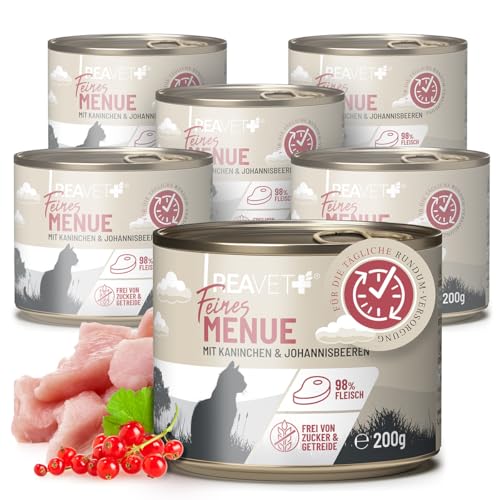 ReaVET Premium Katzenfutter nass mit Kaninchen & Johannisbeeren 6 x 200g I Getreidefrei aus hochwertigem Fleisch I Katzennassfutter ohne Zucker, Nassfutter für ausgewachsene Katzen von ReaVET