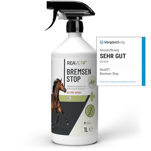 TESTURTEIL SEHR GUT ReaVET Bremsen Stop **TESTSIEGER** Fliegenspray Pferde 1L mit pflegender AloeVera, Insektenspray mit Sofortschutz & Pferdepflege, Bremsenspray Bremsenblocker gegen Fliegen von ReaVET