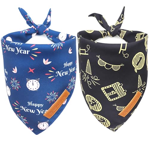 Realeaf Happy New Year Hundehalstuch, wendbar, für Jungen und Mädchen, hochwertiger strapazierfähiger Stoff, Bandana für kleine, mittelgroße und extra große Hunde (groß), 2 Stück von Realeaf