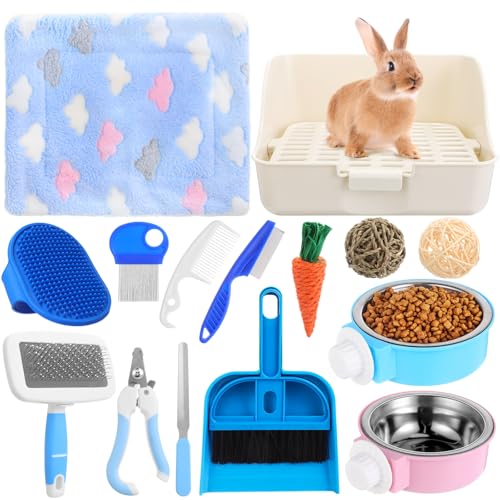 Reallnaive 15 Stück Kaninchen Starter Kit Kleine Kaninchen Katzentoilette Tierpflege Kit Bunny Spielzeug Schüssel Decken mit Reinigungsset für Meerschweinchen Frettchen Hamster Igel Kaninchen Zubehör von Reallnaive