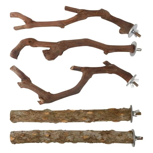 Naturholz Vogelstange Ständer Set, 5 Stück, 3 Sitzstangen aus Traubenholz, 2 Ständer, Pfotenschleifzweige für Sittiche, Aras, Conures von Rebecca online